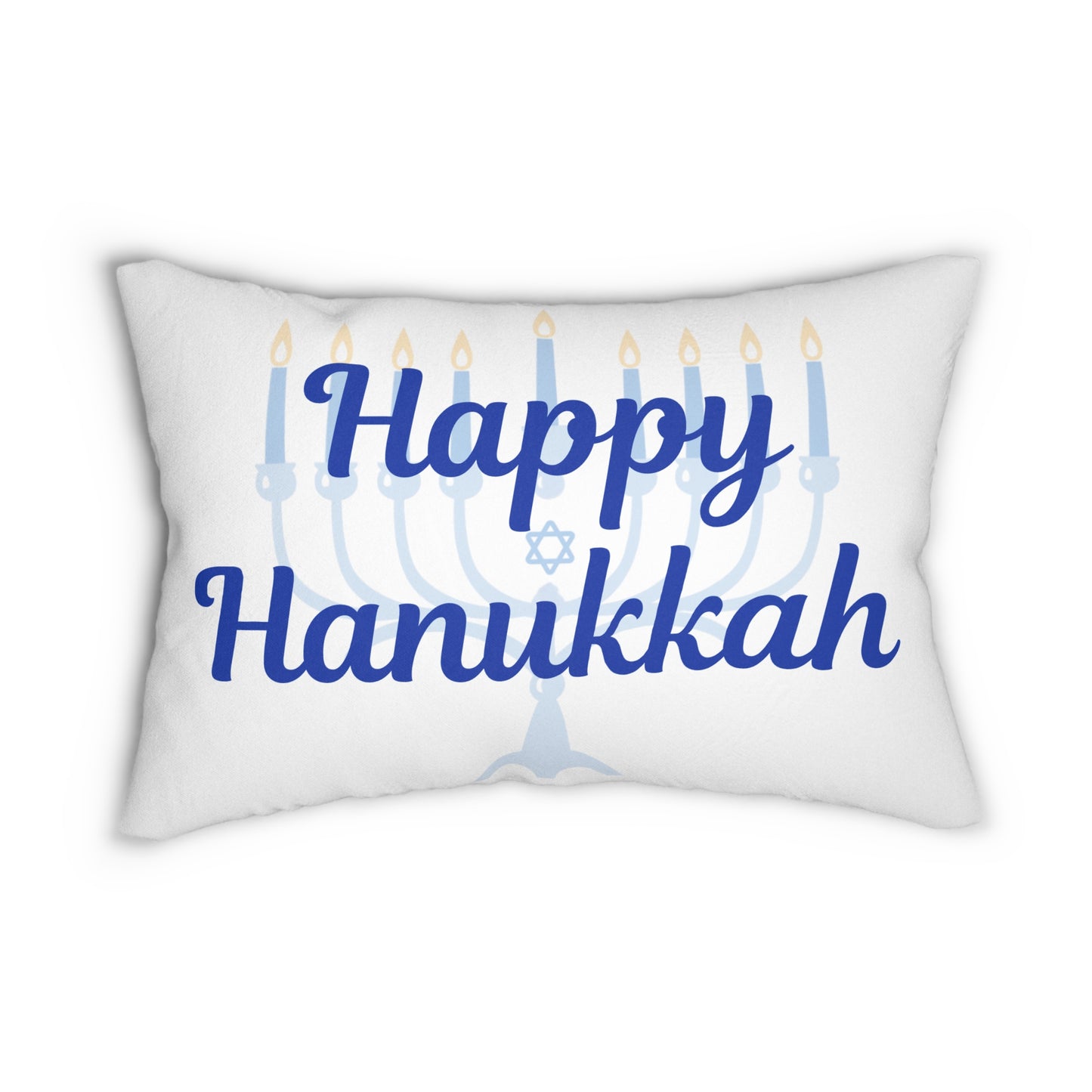 White pillow with 'Happy Hanukkah' text and menorah design on a white background