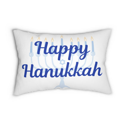 White pillow with 'Happy Hanukkah' text and menorah design on a white background
