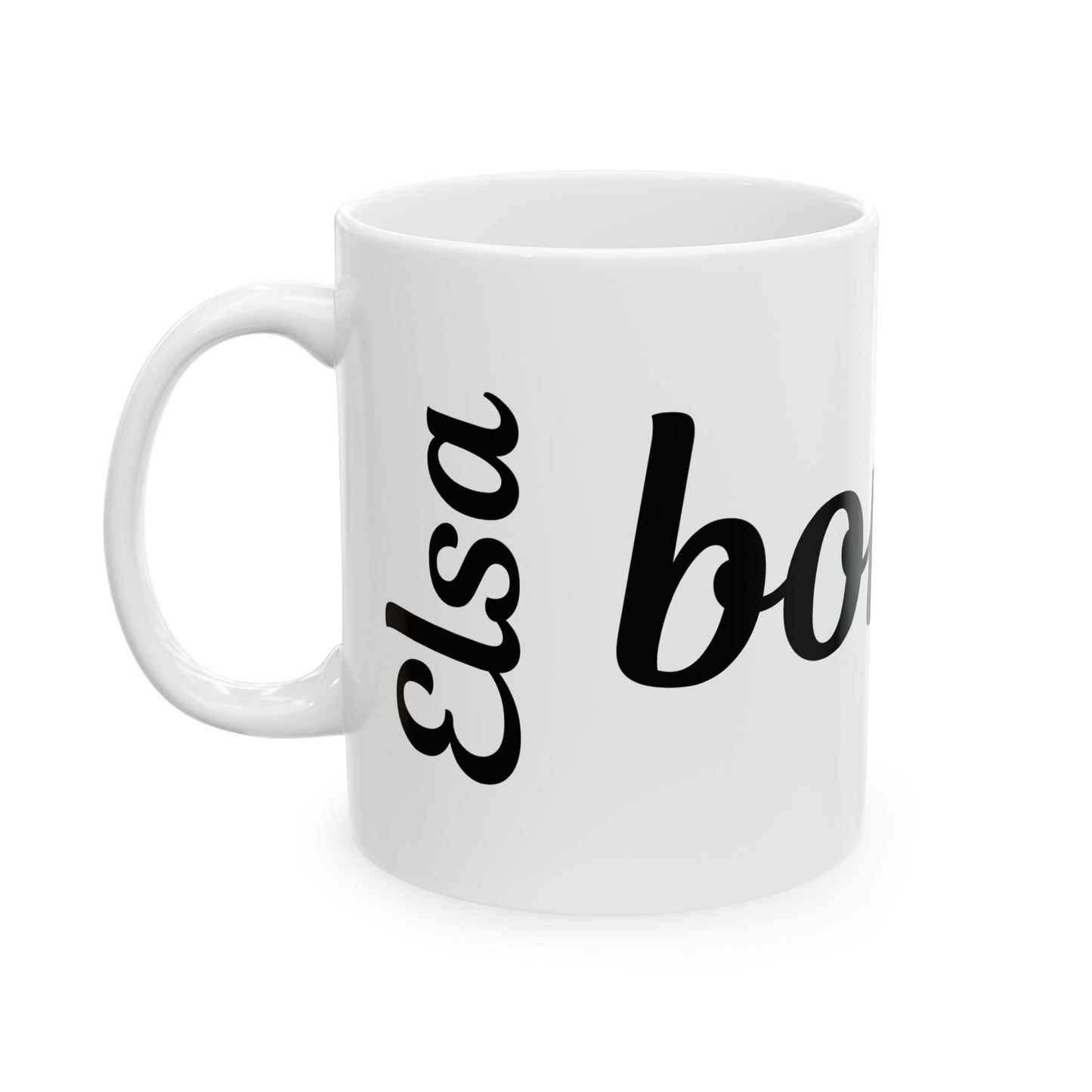White mug with 'Elsa' and 'bo' printed on a white background
