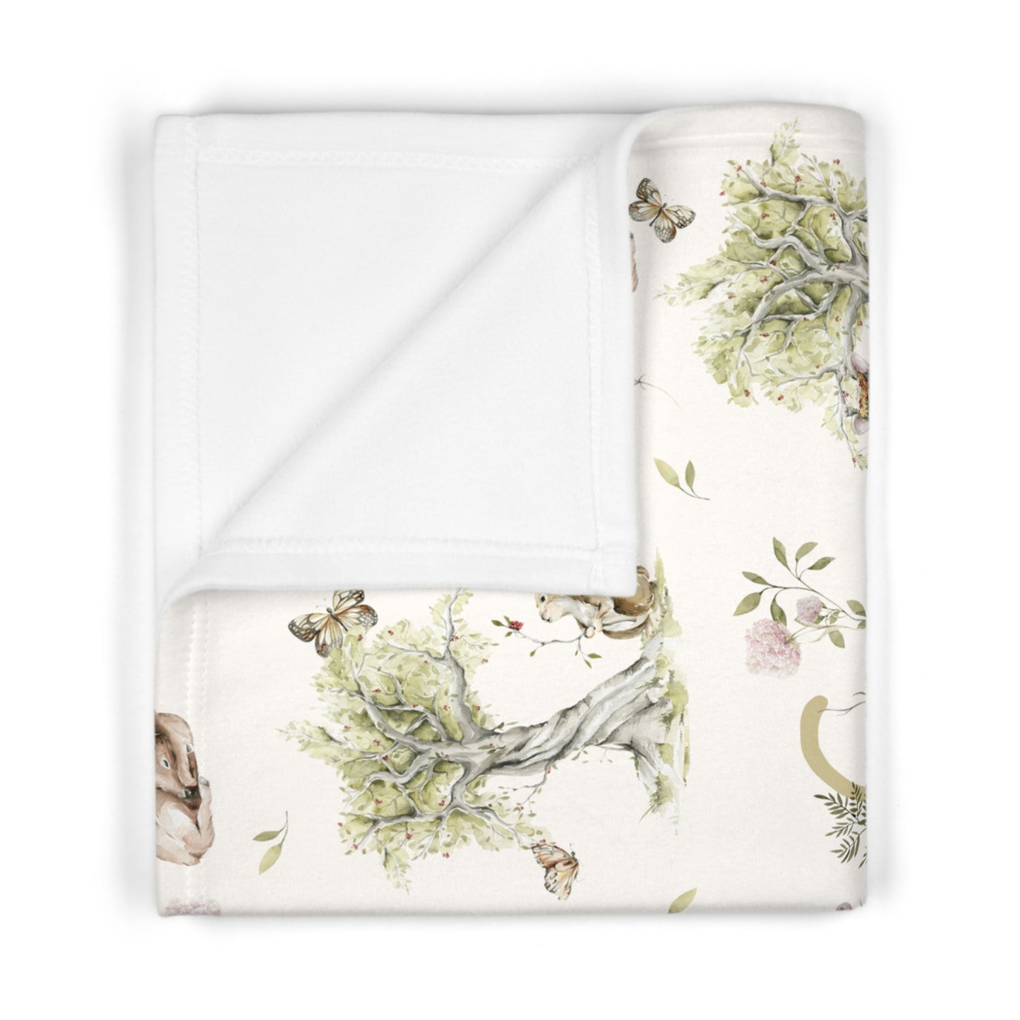 Soft plush baby blanket, cream background with watercolor illustrations of a bunny and mouse.  