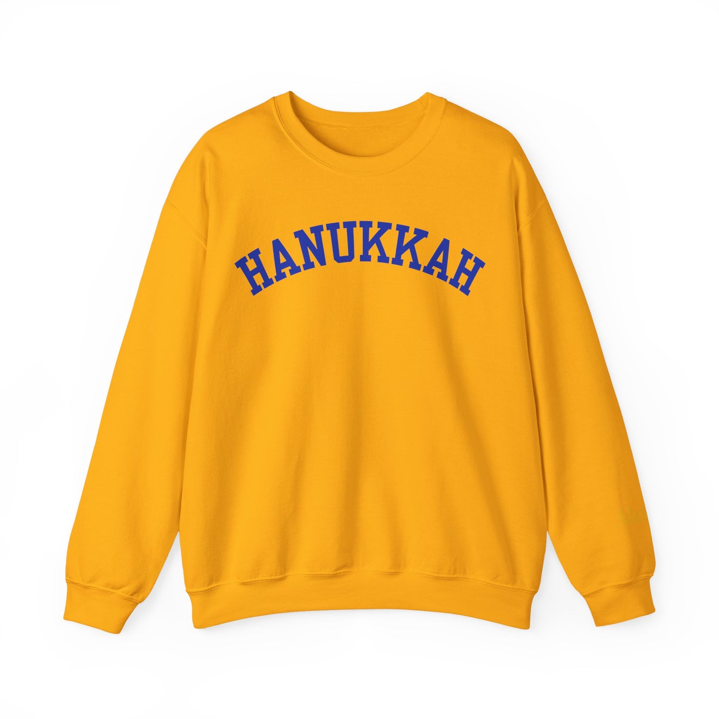 HANUKKAH Collegiate Personalizable Sweatshirt | Custom Sleeve or Back | White, Gold & Blue