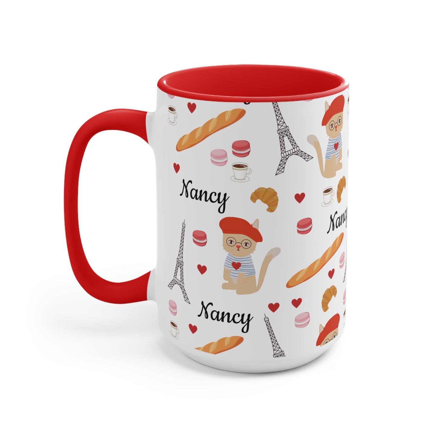 Mug with red handle and 'Nancy' design on a white background