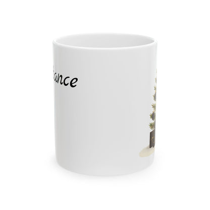 White mug with a palm tree design and 'Vacation' text on a white background