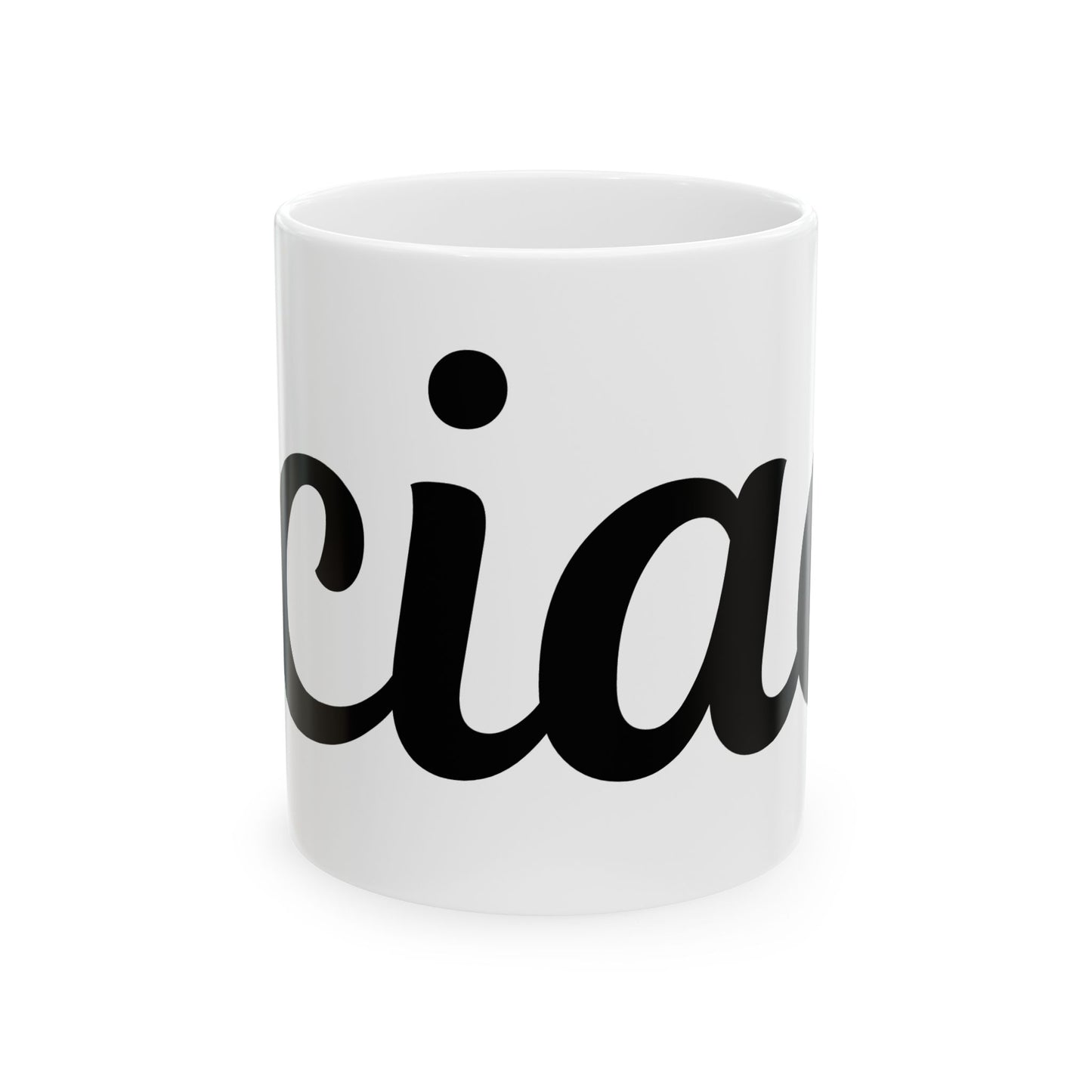 White mug with black text saying "ciao" on a white background