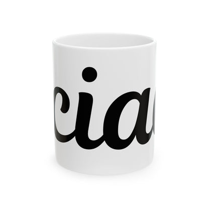 White mug with black text saying "ciao" on a white background