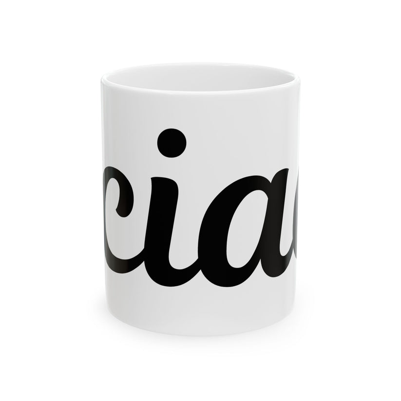 White mug with black text saying "ciao" on a white background