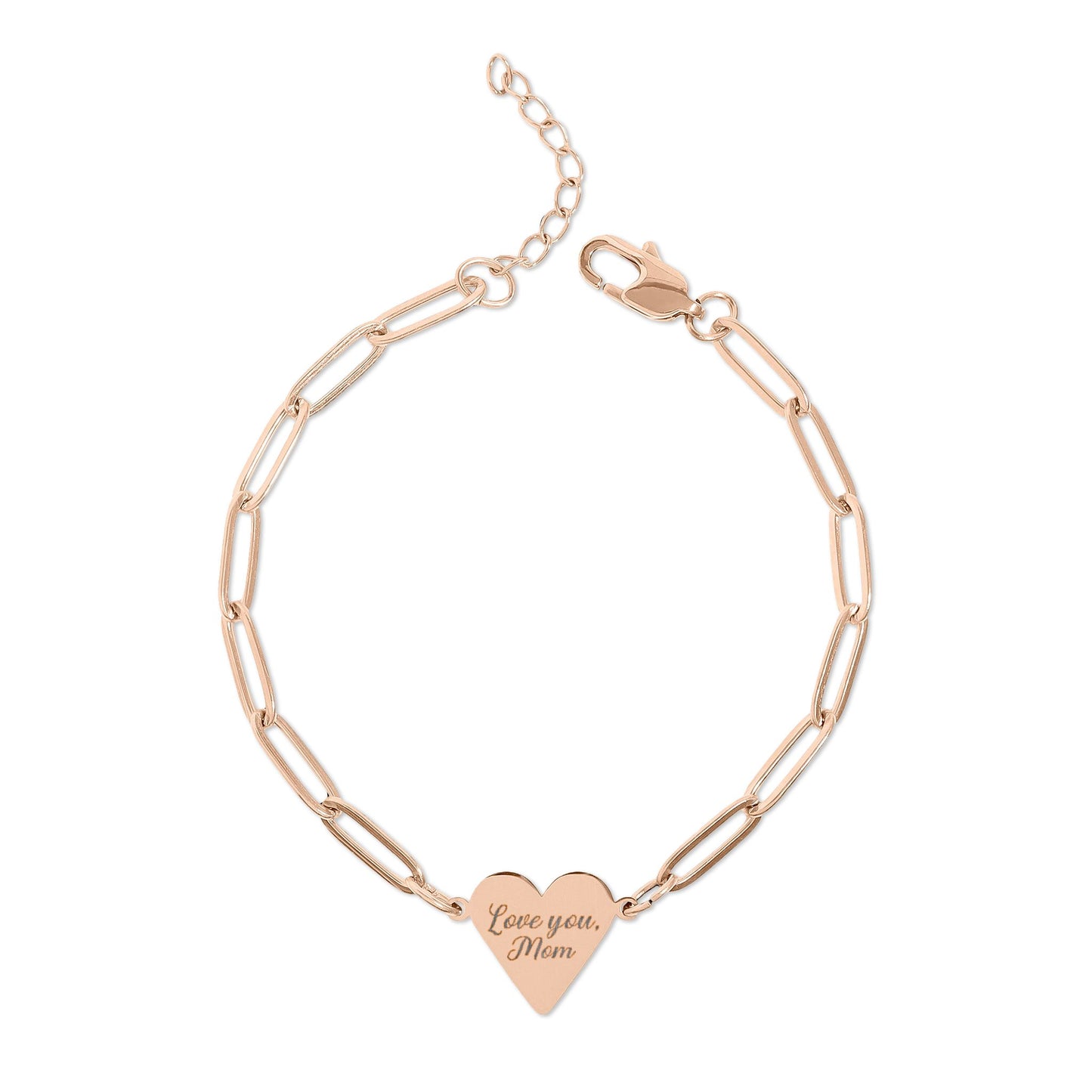 Rose gold bracelet with a heart-shaped tag on a white background