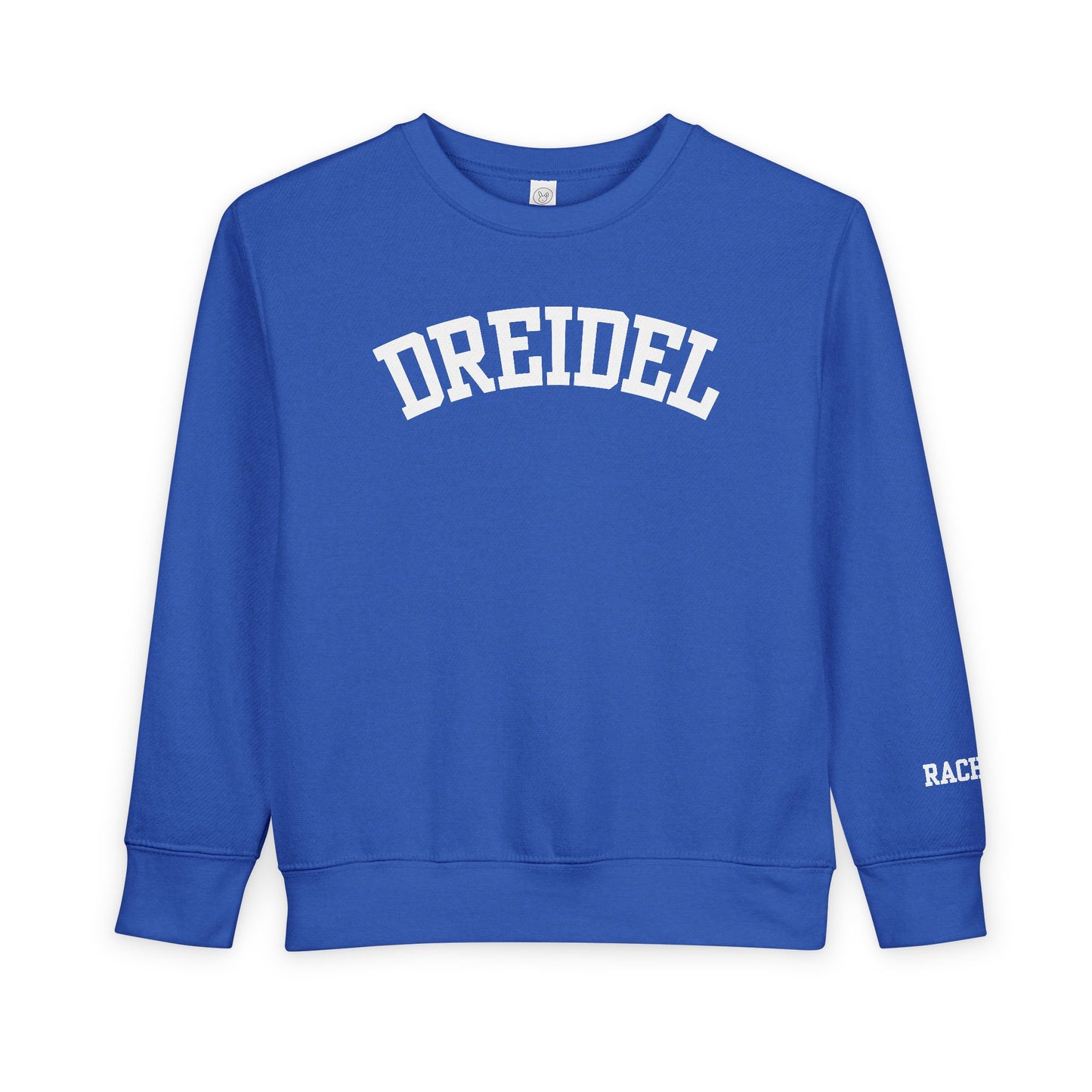 Blue sweatshirt with 'DREIDEL' printed on it against a white background