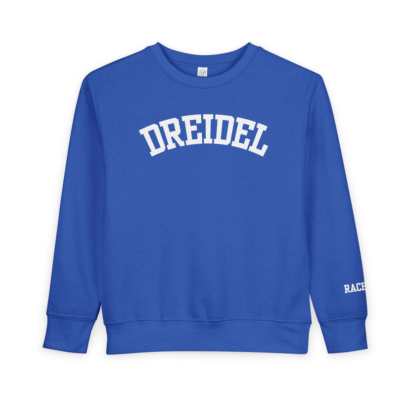 Blue sweatshirt with 'DREIDEL' printed on it against a white background