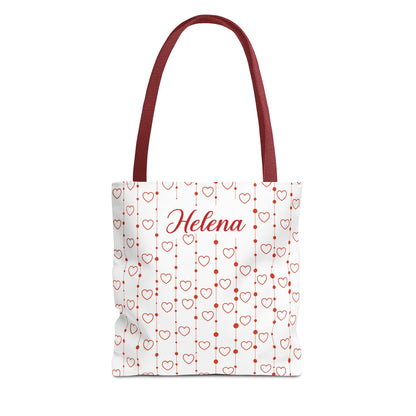 Tote bag with heart pattern and 'Helena' text on a white background