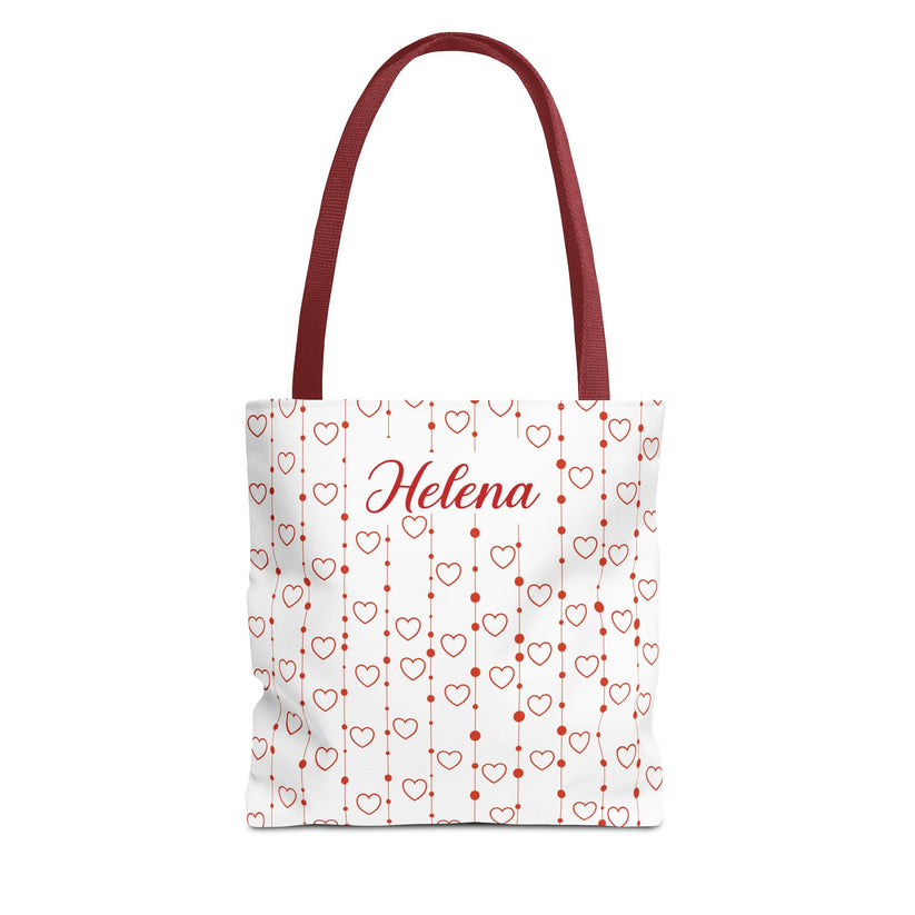Tote bag with heart pattern and 'Helena' text on a white background