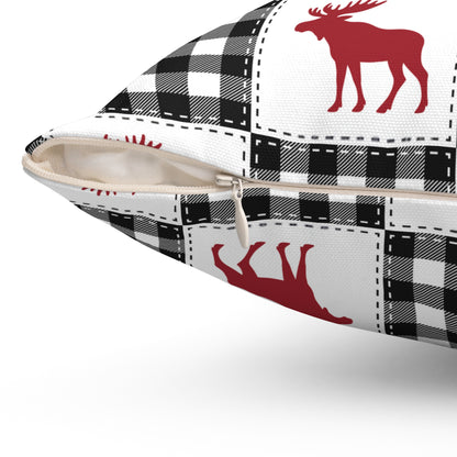 Pouch with black and white plaid pattern and red moose design on a white background