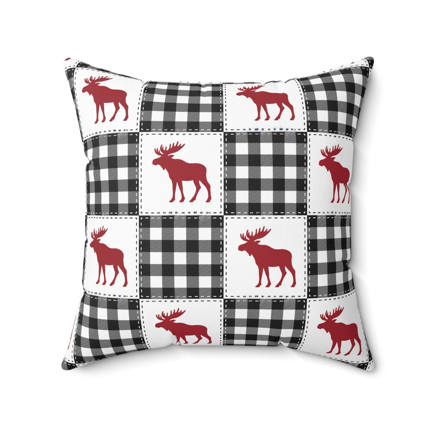 Pillow with red moose and black and white checkered pattern on a white background