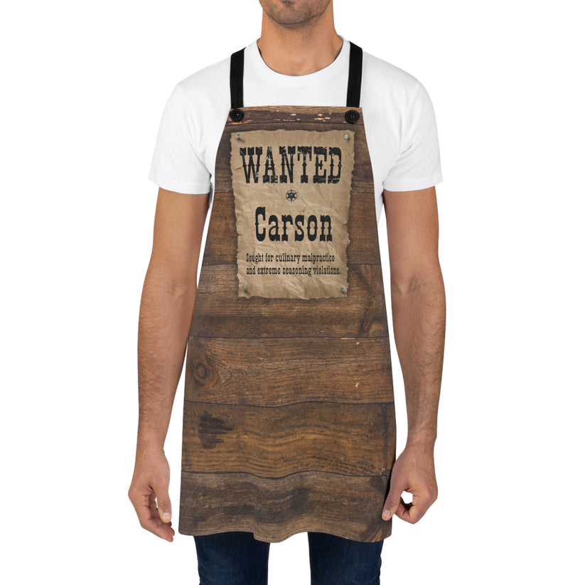Person wearing a wooden apron with a 'Wanted' poster design on a white background