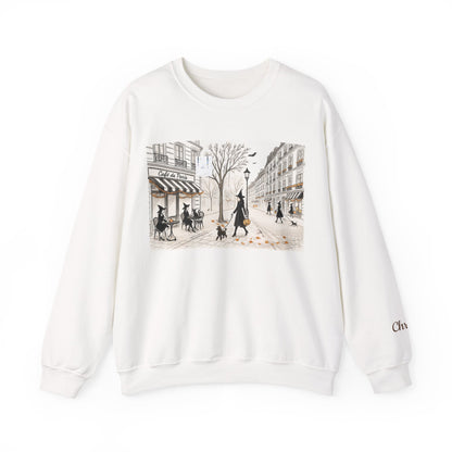 Haunted City Scene Halloween Sweatshirt | Trésor Valeur Wearable Art | Cozy Chic Fall Apparel  Personalizable Sleeve