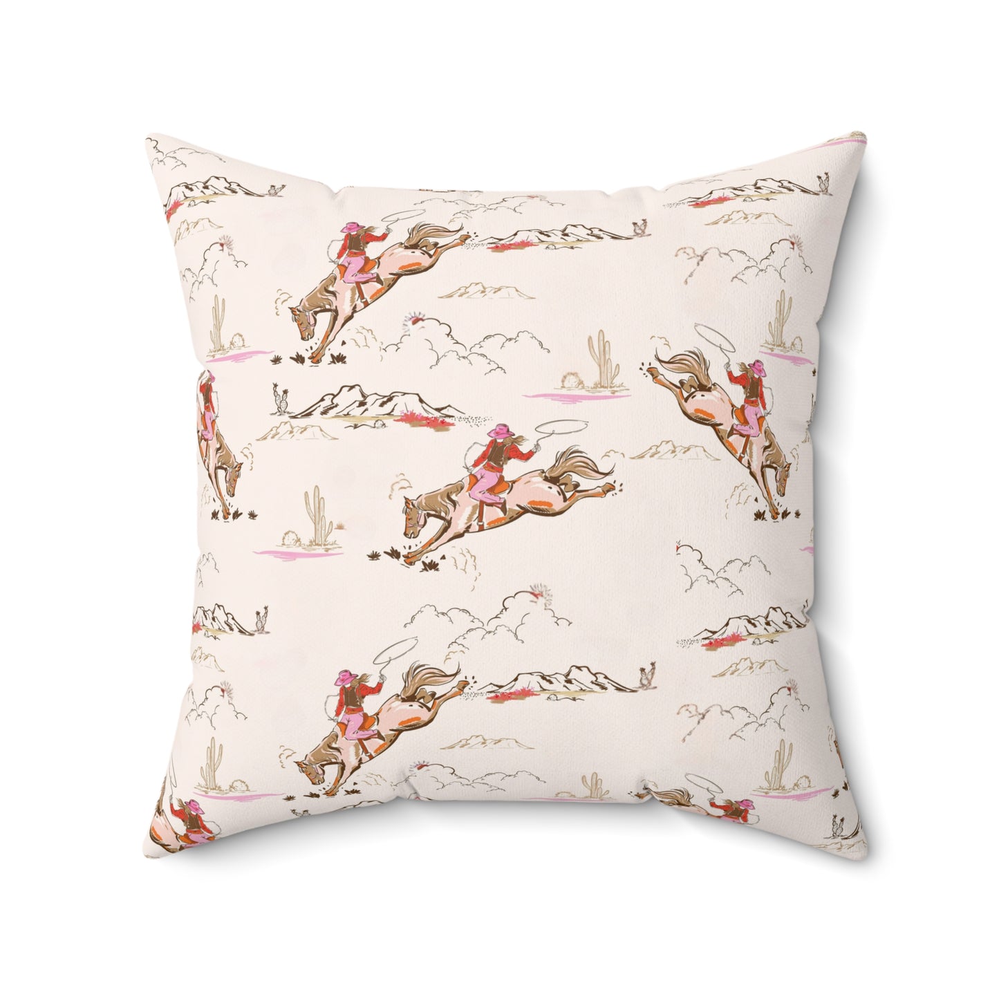 Decorative pillow with horse and rider pattern on a white background