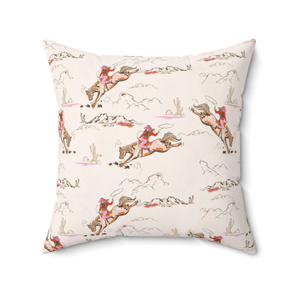Decorative pillow with horse and rider pattern on a white background