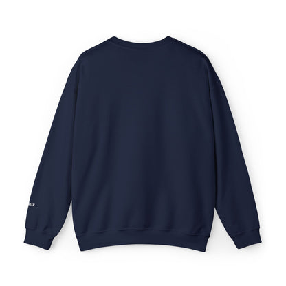 Navy blue sweatshirt on a white background with white embroidered name on the left sleeve 