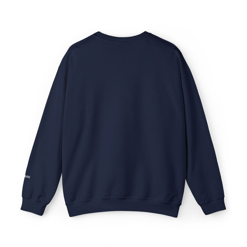 Navy blue sweatshirt on a white background with white embroidered name on the left sleeve 