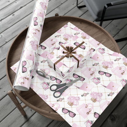 White gift wrap with fashion theme pattern with scissors on a wooden table