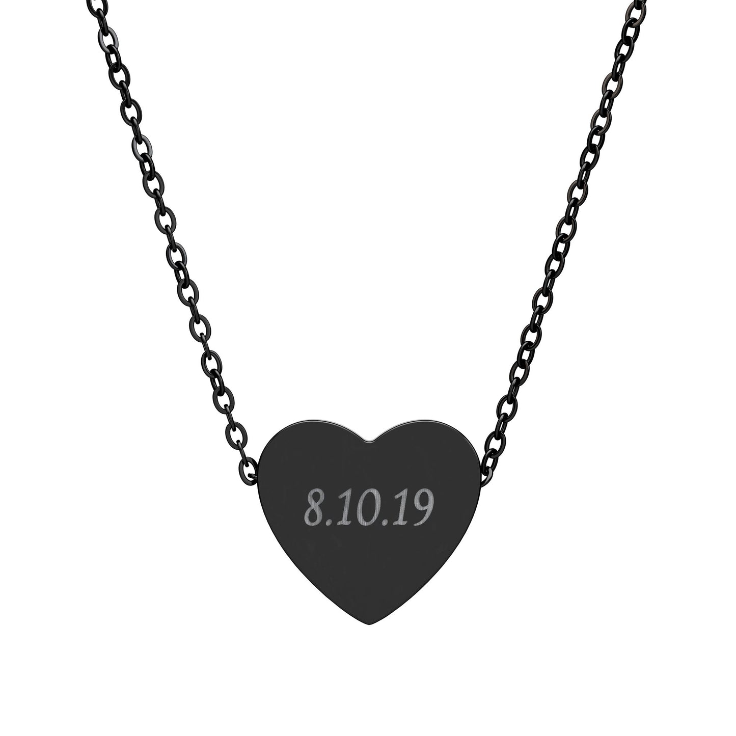 Black heart-shaped pendant with engraved date on a chain against a white background