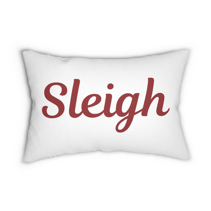 White pillow with 'Sleigh' text in red on a white background