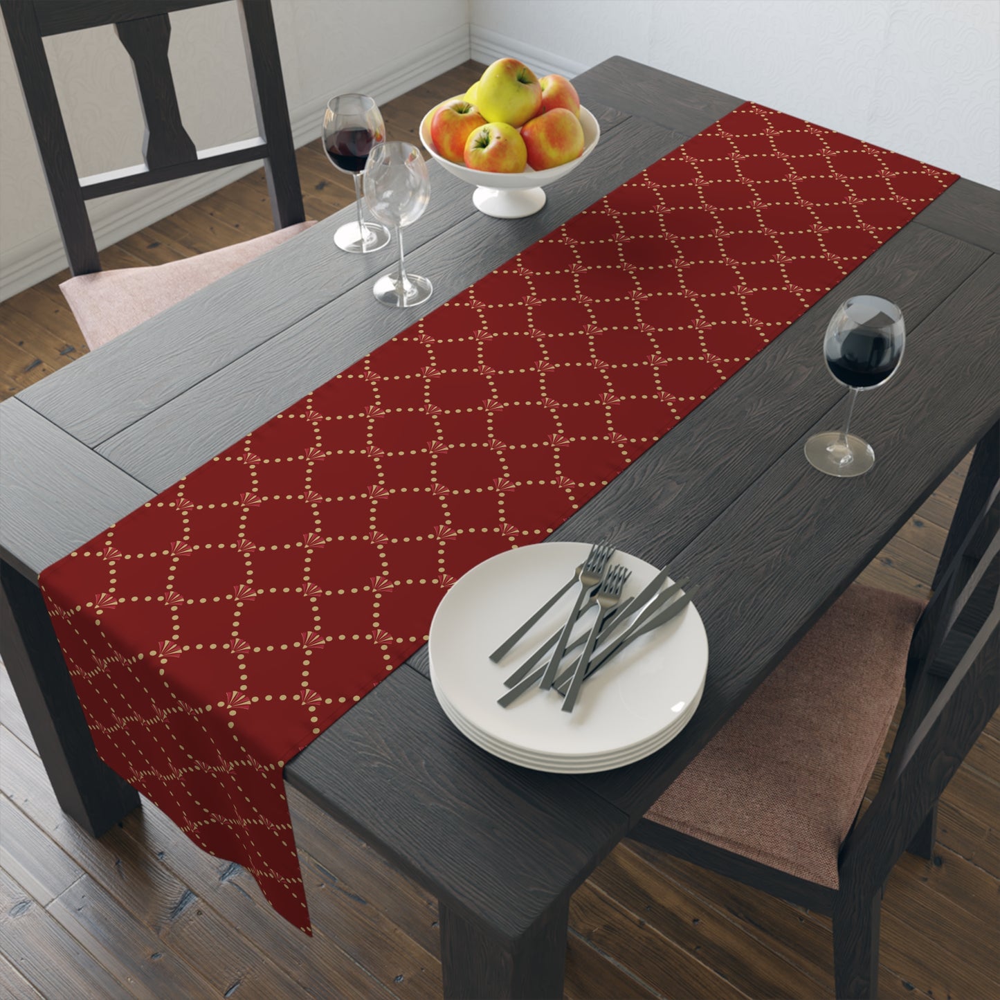 Red Fan Pattern Table Runner | Satin Holiday Dining Accent | Red & Gold | Multiple Sizes