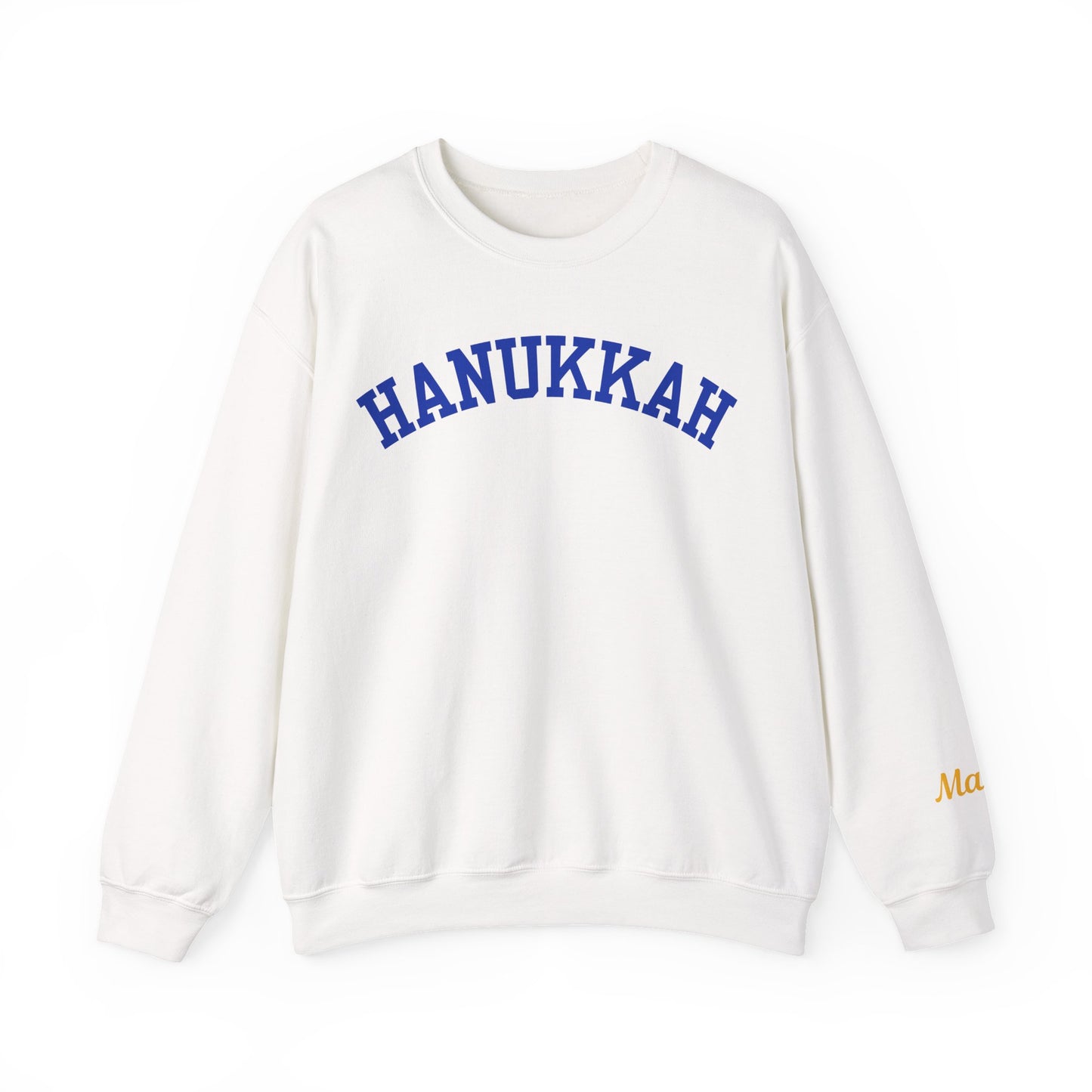 HANUKKAH Collegiate Personalizable Sweatshirt | Custom Sleeve or Back | White, Gold & Blue