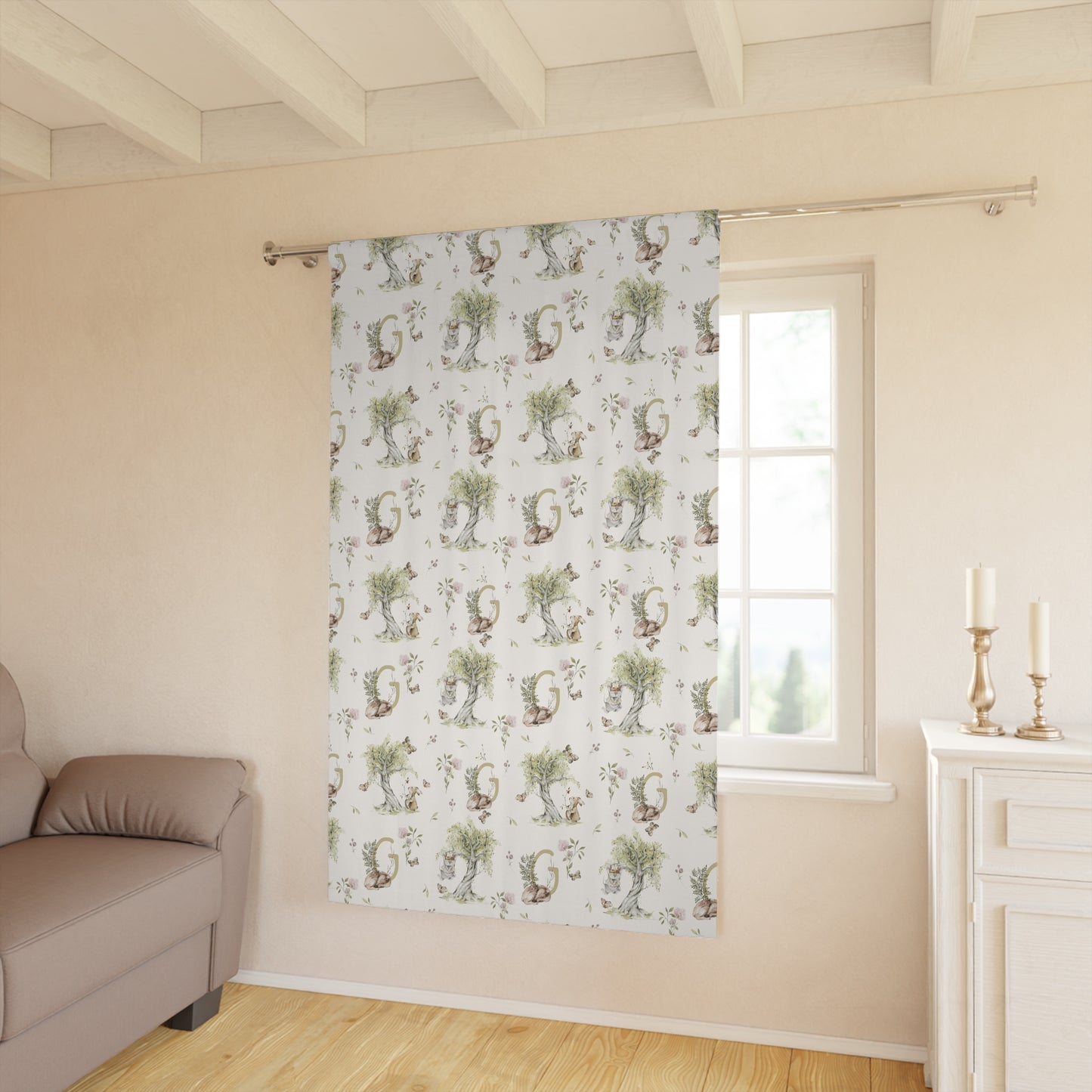 Petits Animaux | Bunny & Mouse Blackout Single Panel Curtain | Personalized Initial Monogram - Tresor Valeur