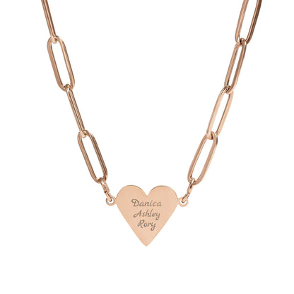 Rose gold necklace with a heart-shaped pendant on a white background
