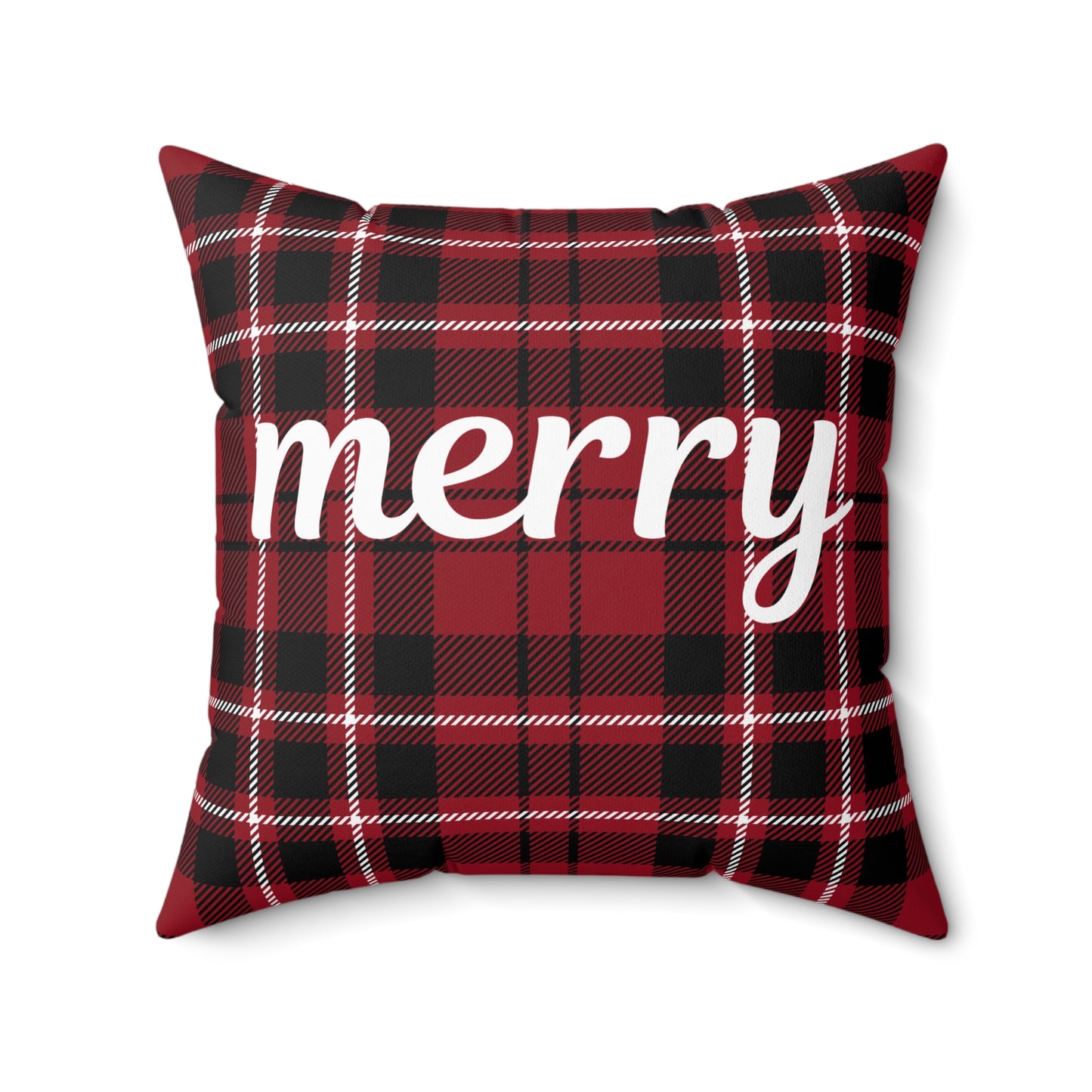 Red and black plaid pillow with 'merry' text on a white background