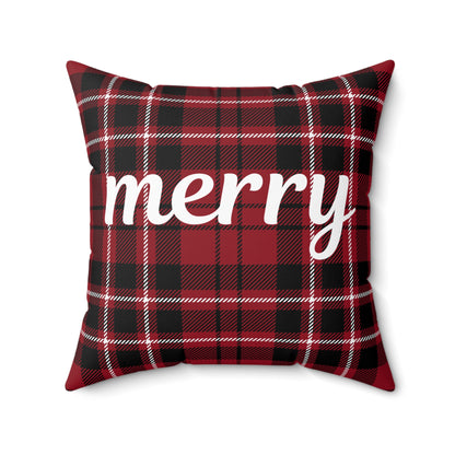 Red and black plaid pillow with 'merry' text on a white background