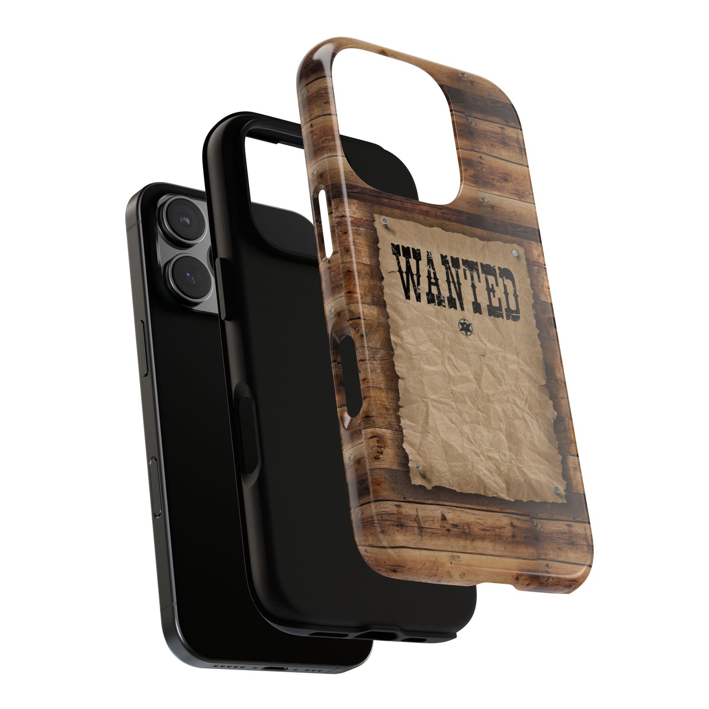 Phone case with wooden design and 'WANTED' poster on a white background