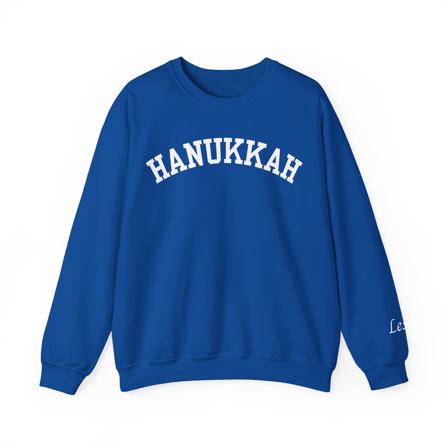 HANUKKAH Collegiate Personalizable Sweatshirt | Custom Sleeve or Back | White, Gold & Blue
