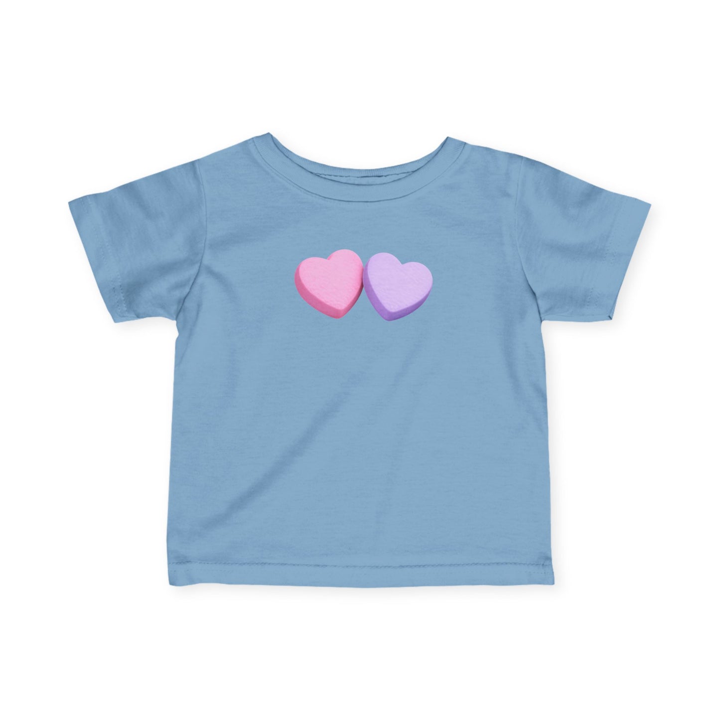 Light blue t-shirt with two colorful hearts on a white background