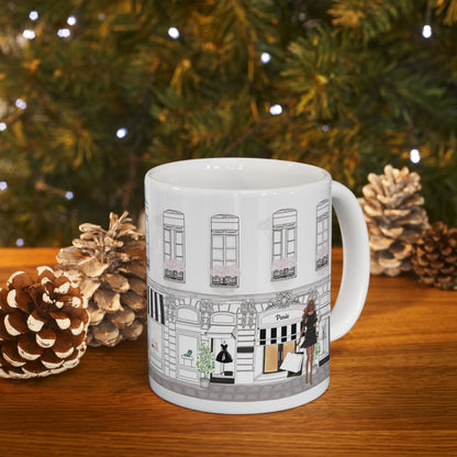 "Haute in Paris Collection ceramic mug with customizable avatar, showing a fashionista outside a Paris boutique."