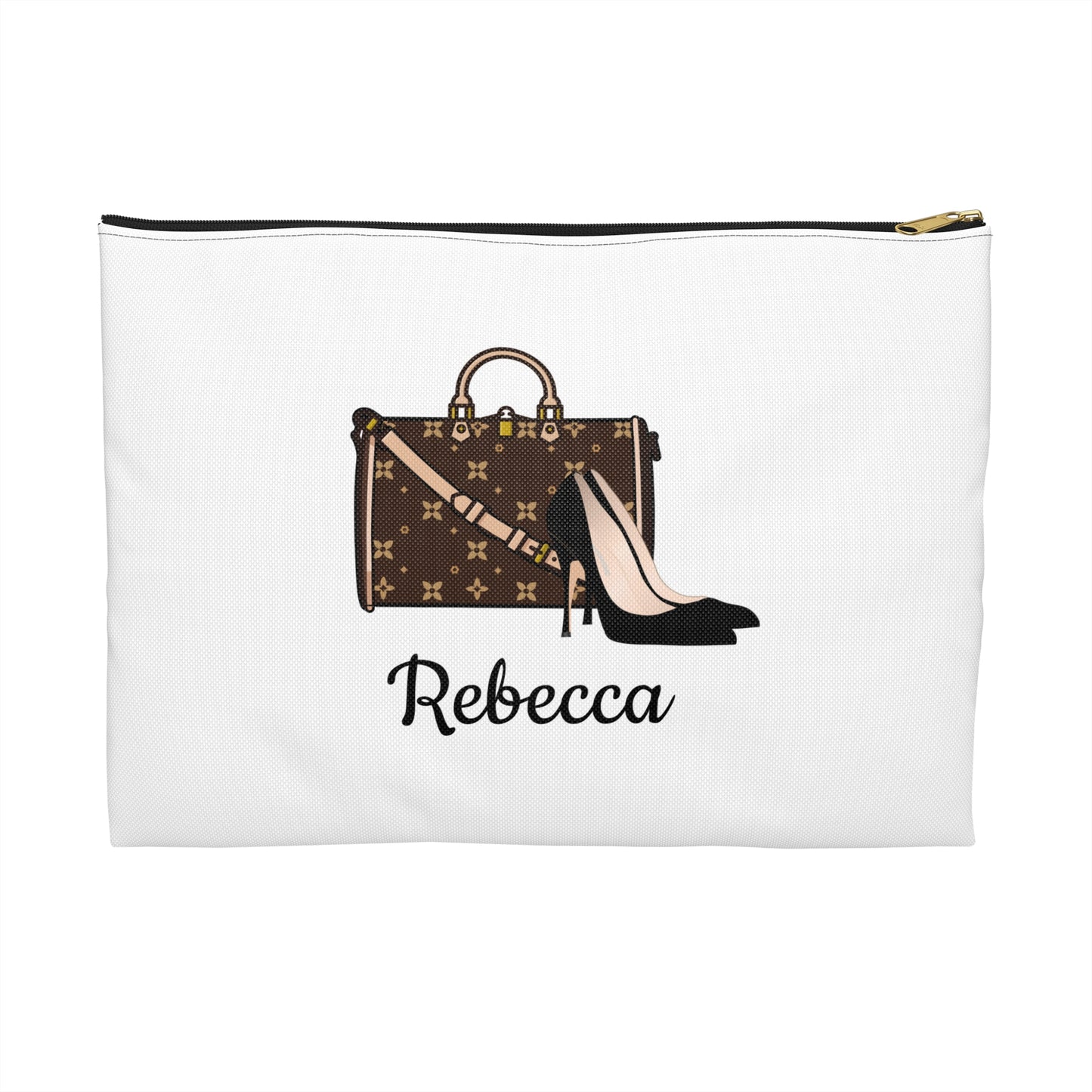 White pouch with a brown handbag and black high heel shoe design, featuring the name 'Rebecca'.