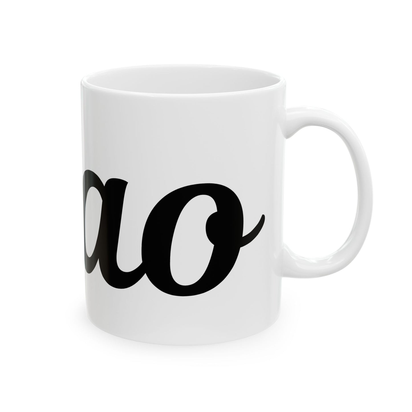 White mug with black text saying "ciao" on a white background