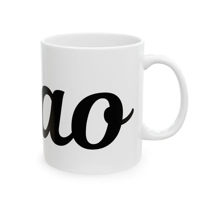 White mug with black text saying "ciao" on a white background