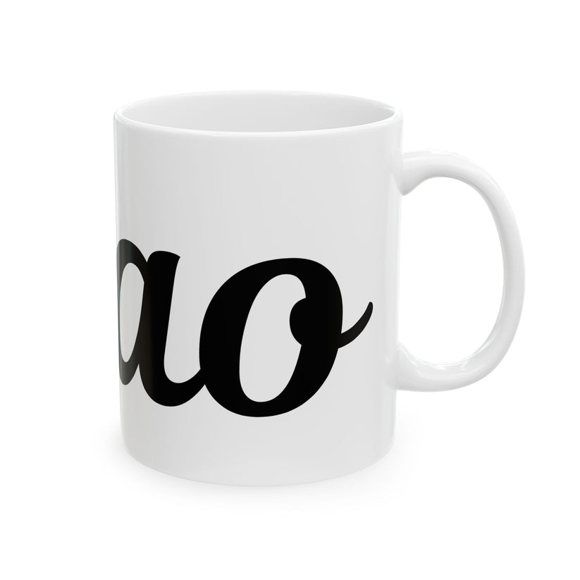 White mug with black text saying "ciao" on a white background