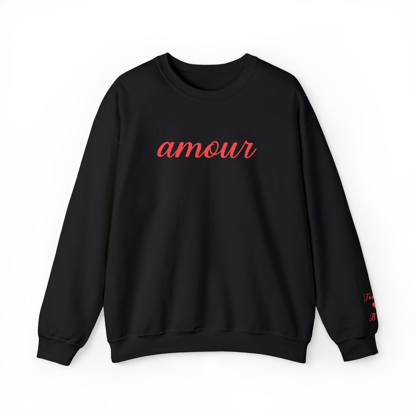 Black sweatshirt with 'amour' text in red on a white background