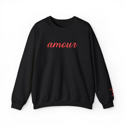 Black sweatshirt with 'amour' text in red on a white background