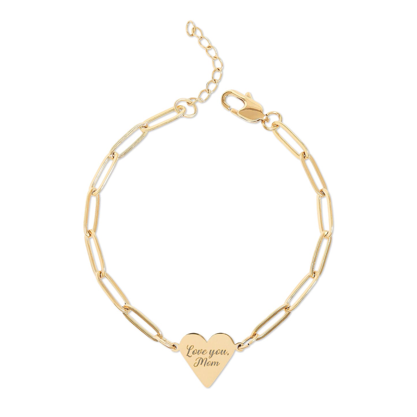 Gold bracelet with a heart-shaped tag on a white background
