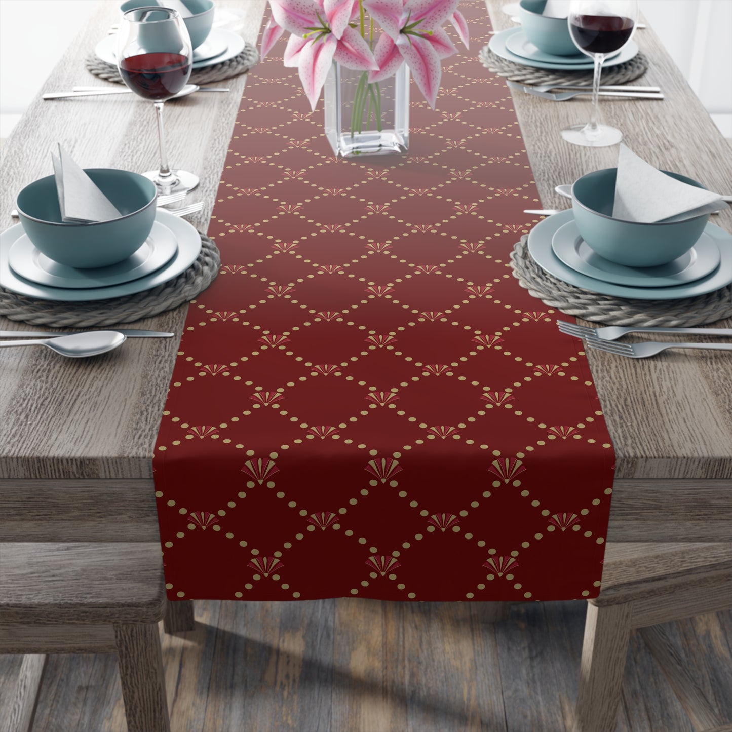 Red Fan Pattern Table Runner | Satin Holiday Dining Accent | Red & Gold | Multiple Sizes