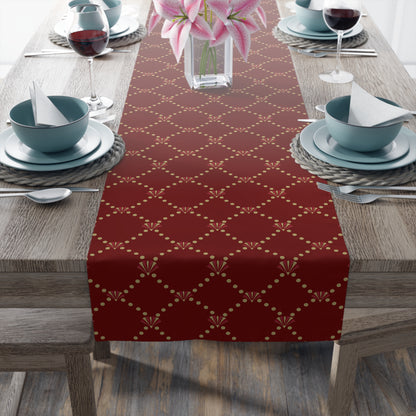 Red Fan Pattern Table Runner | Satin Holiday Dining Accent | Red & Gold | Multiple Sizes