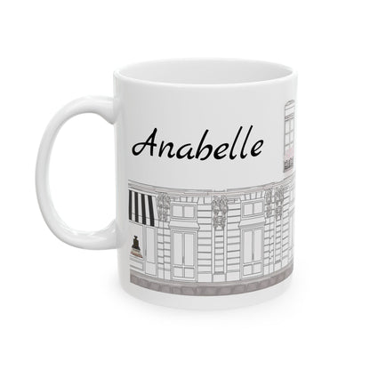 Back of Haute in Paris Collection mug personalized with customer’s name in elegant script.