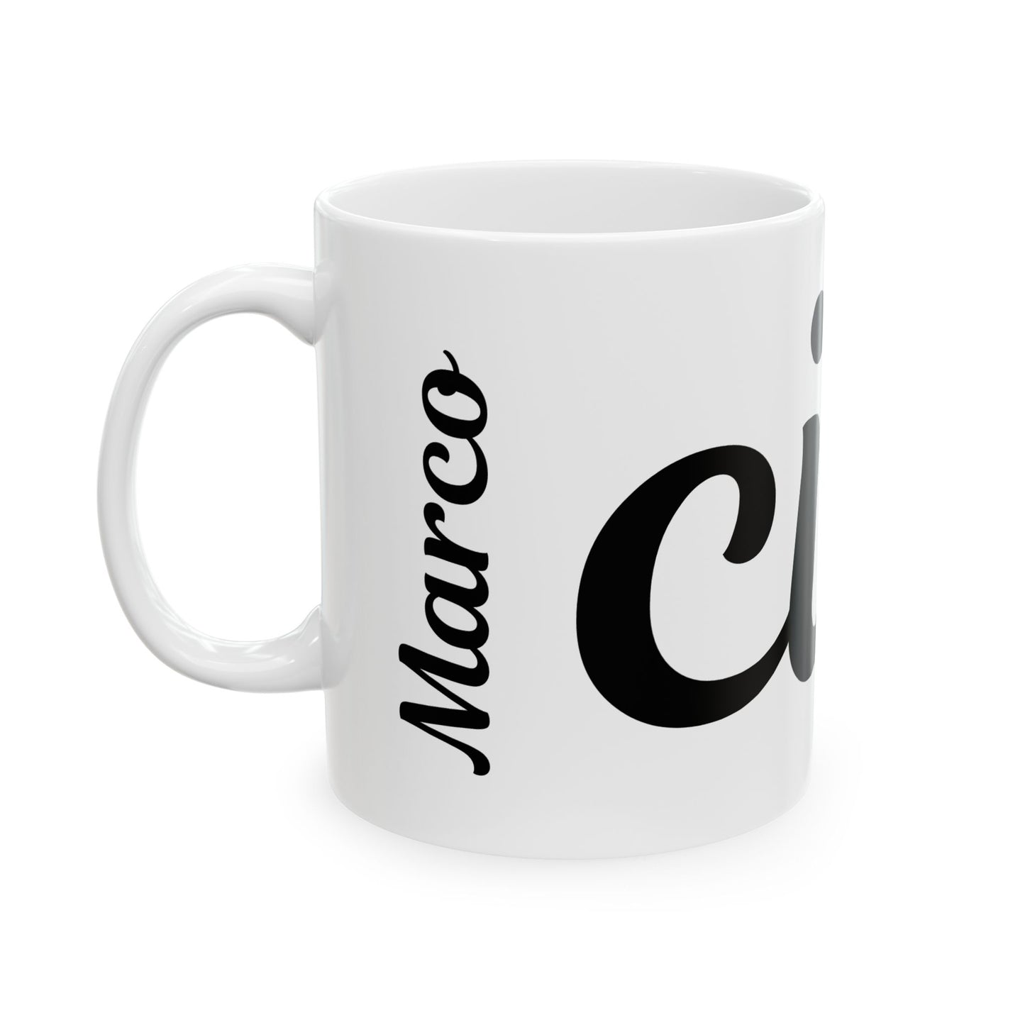 White mug with black text saying Marco and "ciao" on a white background