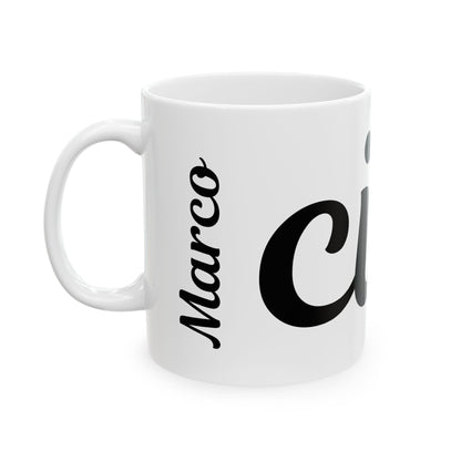 White mug with black text saying Marco and "ciao" on a white background