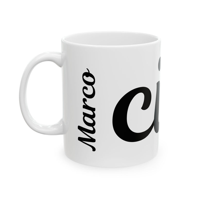 White mug with black text saying Marco and "ciao" on a white background