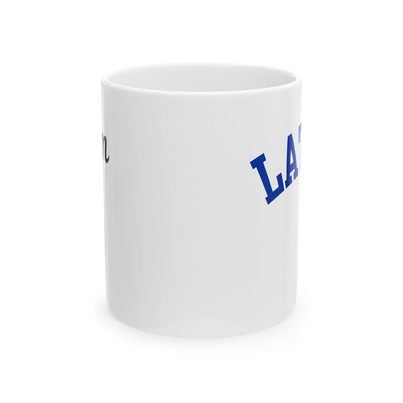 White mug with blue text on a white background